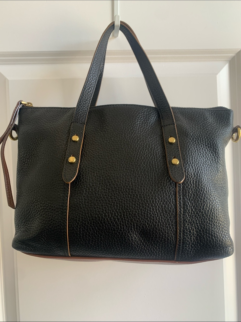 Fossil Black Pebbled Leather Shoulder Tote with Brown Trim
